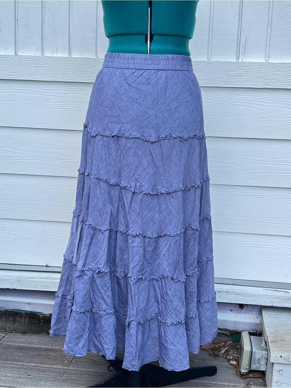 Studio West Apparel: Tiered Denim Blue Maxi Skirt. Size Medium